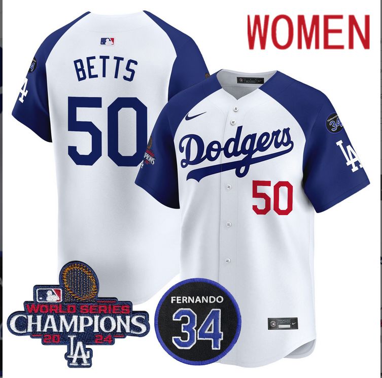 Women MLB Los Angeles Dodgers  #50 Betts white 2024 World Series Champions Patch Limited Jersey style 2